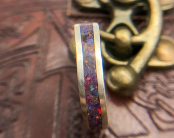 Purple and pink opal inlay sterling silver thumb ring size Q 5mm, October birthstone, recycled sterling silver