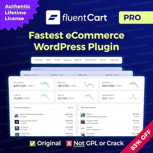 May include: A digital display showing e-commerce data with the "fluentCart" logo. The interface displays sales, orders, revenue, and refund metrics. Text includes "Fastest eCommerce WordPress Plugin" and "Authentic Lifetime License."