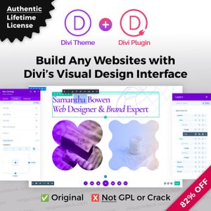 Könnte beinhalten: Werbung für Divi Theme und Divi Plugin, mit einer Website-Design-Oberfläche. Das Bild enthält den Text "Build Any Websites with Divi's Visual Design Interface" und "Samantha Bowen Web Designer & Brand Expert."