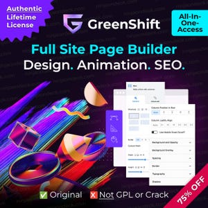 Może przedstawiać: Grafika promocyjna dla GreenShift, narzędzia do budowania stron internetowych. Obraz zawiera żywy design z geometrycznymi kształtami, interfejsem oprogramowania i tekstem podkreślającym możliwości projektowania, animacji i SEO. Zawiera tekst "Authentic Lifetime License" i "All-In-One-Access".