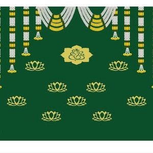Indian Pooja Green Cloth Backdrops Pictures Ganesha with Marigold Strings for Housewarming | Pooja And For All Indian Traditional Events.