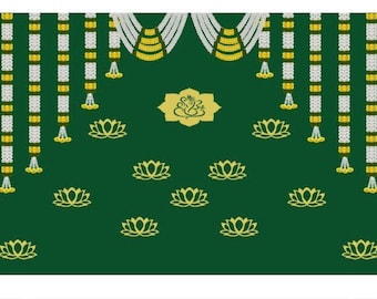 Green Indian Pooja Backdrop Cloth with Ganesha and Marigold Design