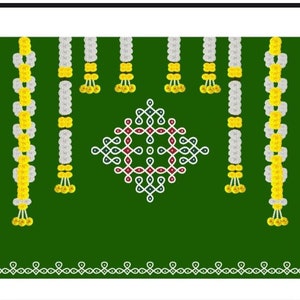 Indian Pooja  Green Cloth Backdrops Pictures  Muggu / Kolam Marigold Strings for Housewarming | Pooja And For All Indian Traditional Events.