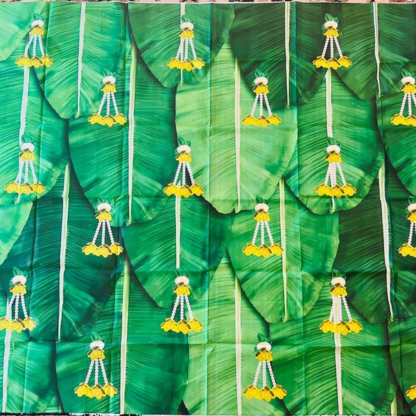 Indian Pooja Banana Leaf / coconut leaf Printed Cloth Back drop for weddings/festivals/Housewarming /and  for all Indian Traditional Events.