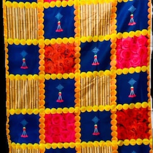 Indian Pooja Bamboo Red Roses Marigold Bamboo Backdrop Cloth for Pooja Decorations , Pooja backdrop Cloth