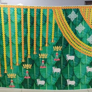 Indian Pooja  Banana Leaf Backdrops Designed with Pichwai Cow and Marigold string for all Home Pooja | House Warming All Traditional events.