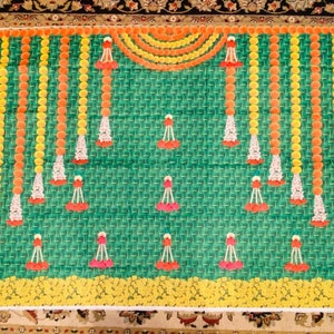 Indian Pooja Cloth Backdrops Pictures Coconut leaf with Marigold Strings for Housewarming | Pooja And For All Indian Traditional Events.