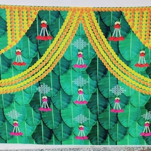 Indian Pooja Backdrop Pictures Banana Leaf With Marigold Strings Designed for  Home Pooja | House Warming And For All Traditional Events.