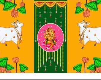 Ethnic Indian Festival Decor - Cow Ganesh Pooja Backdrop Cloth