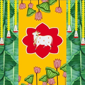 Indian Pooja Backdrop Pictures Pichwai Cow | House Warming | Pooja Room Curtain | Mandir Decor | Festivals and for All Traditional Events.