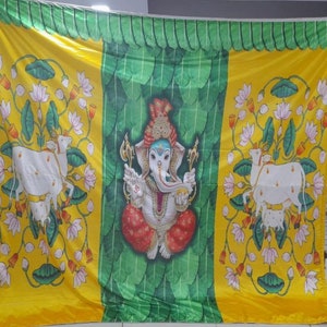 Indian Pooja  Pichwai Ethnic Cow Ganesh Printed / Backdrop for Home Pooja /festivals/ Housewarming / all traditional events.