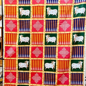 Indian Pooja Colorful Desi auspicious cow and kolam Backdrop Cloth for Pooja/House warming Decorations Kamadhenu cow design.