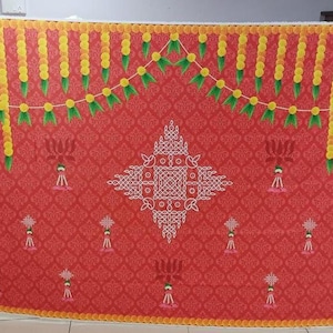 Indian Pooja  Red Backdrop Pictures  Muggu Kolam with lotus Hangings For House Warming | Home Pooja  |And for All Traditional Events.