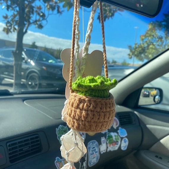 Car Plant, Crochet Hanging Basket, Hanging Plant for Car Decor, Rear View  Mirror Accessories for Women Charm 