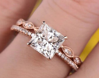 8MM Princess Cut Moissanite Bridal Ring, 10K Solid Rose Gold Moissanite Diamond Matching Milgrain Band, Promise Ring, Gift For Her