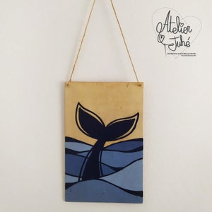 Cola de ballena, cartel decorativo en madera reciclada, decoración sostenible