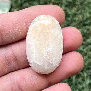 Op de afbeelding: Een gladde, witte, ovale steen met een draaiende, gemarmerde structuur. De steen heeft een lichte, crèmekleurige kleur met subtiele groene tinten.