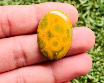 May include: An oval-shaped cabochon gemstone with a swirling pattern in shades of yellow and green. The stone is polished and has a smooth surface.