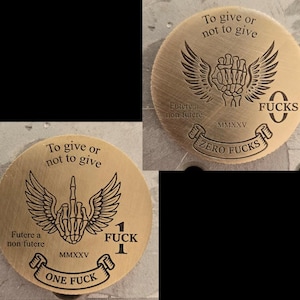 Funny Brass Coin – “One F***” or “Zero F***s” – Laser Engraved Winged Skeleton Design – Gag Gift, Desk Decor, Pocket Token