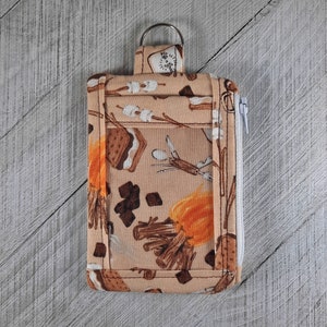 Estuche para identificación, portaidentificación, billetera de bolsillo, llavero, fogata, malvaviscos asados, chocolate caliente