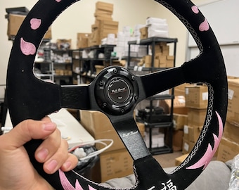 Volante de 3” Deep Dish JDM 6-BOLT Racetrack Strong Grip Camurça Couro Bliss Coração