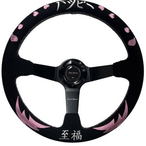 Heart Bliss Pink Universal 350mm 3&quot;Deep Dish 6-Bolt Steering Wheel Black Alcantara