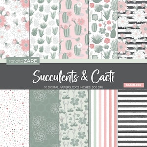 Piante grasse e modelli digitali di cactus. 10 JPG Carte digitali senza soluzione di continuità. 12x12 pollici Impianti e disegni geometrici. Set di carta stampabile
