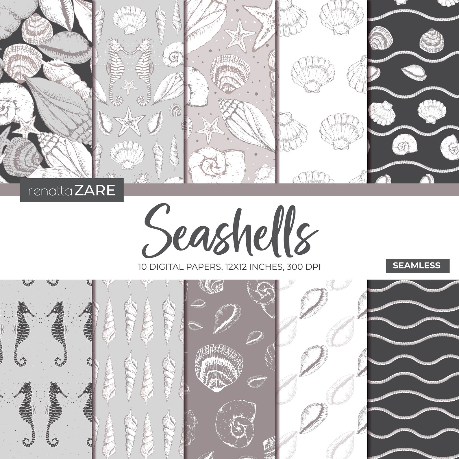 Seashells Digital Patterns. 10 JPG Seamless Digital Papers. - Etsy