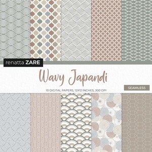 Japoński wzór cyfrowy papier, bezszwowe wzory Sashiko, nowoczesne faliste geometryczne wzory Japandi, japońskie wzory do druku - natychmiastowe pobranie
