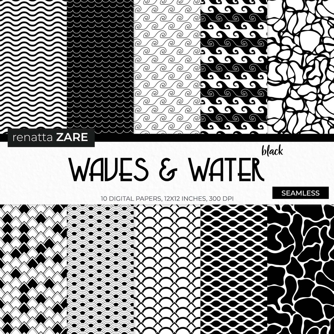 10 Waves and Water Seamless Digital Papers Sea Water Papers Black and ...