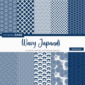 Niebieski japoński wzór cyfrowy papier, bezszwowe wzory Sashiko, nowoczesne faliste geometryczne wzory Japandi, japońskie wzory do druku - natychmiastowe pobranie