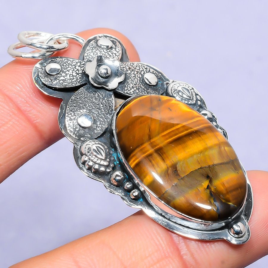 Orijinal Very Beatiful Handmade Gemstone Jewelry Tiger's Eye Stone Pandent Natural Stone Necklace with Silver Chain