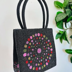 Vintage Beaded Millicent Fine Handbag Purse Embroidery Black Polka Dot