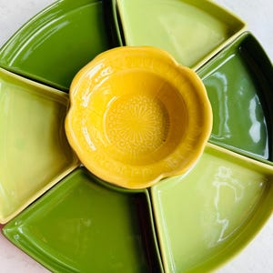 Large Vintage McCoy 817 Compartment Service Dish 7 Pieces Avocado Green Yellow Flower Pottery Ceramic Made in USA Platter Tray Chip and Dip