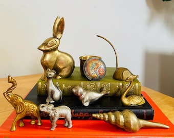Vintage Brass Animal Silver Rabbit Mouse Seashell Ruler Seal Elephant Swan Bunny Duck Enamel Box Souris Lapin Règle Phoque Coquillage Laiton