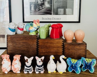 Vintage Ceramic Salt and Pepper Shakers Animal Dog Cat Fox Rooster Sheep Cactus Pink Flower Red Mushroom Bulldog Butterfly Goose Duck Japan