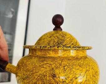 Vintage Yellow Metal Pot and Plate Cooking Retro Kitchen