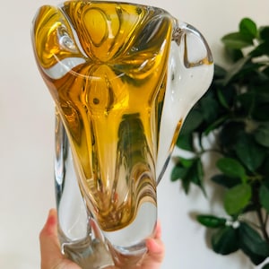 Very Large and Heavy Mid Century Amber Yellow Hand Blown Glass Vase Murano Style