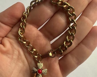 Vintage Gold Tone Charm Bracelet with Windmill Charm Pendant Red Stone