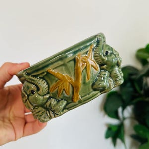 Vintage Green Elephant Planter Majolica Bamboo Pot Vase Ceramic