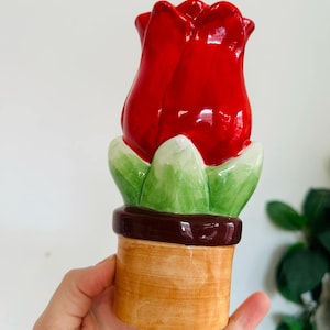 Vintage Tulip Vase Ceramic Planter Red Rose Flower Mario Bro&#39;s Nintendo