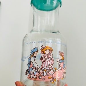 Large Vintage Holly Hobbie 1989 Canada Glass Pitcher Carafe Girls Fun Times Are Happy Times When Shared With Friends