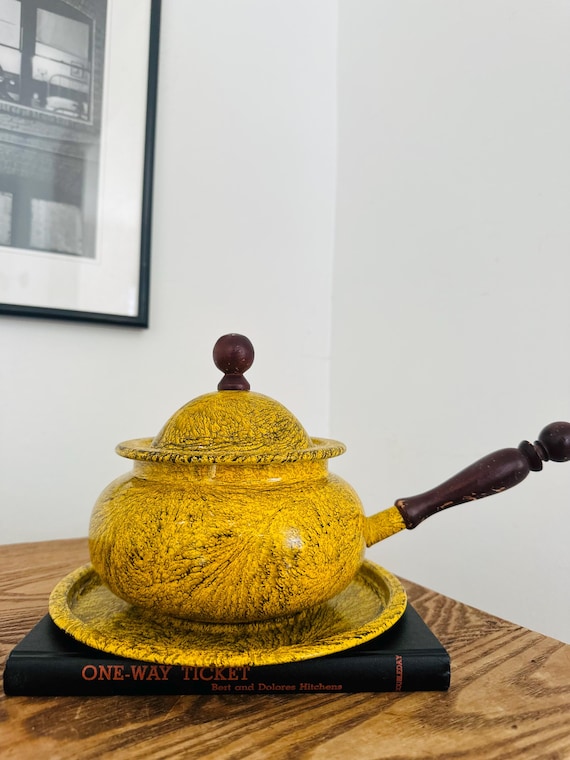 Vintage Yellow Metal Pot and Plate Cooking Retro Kitchen
