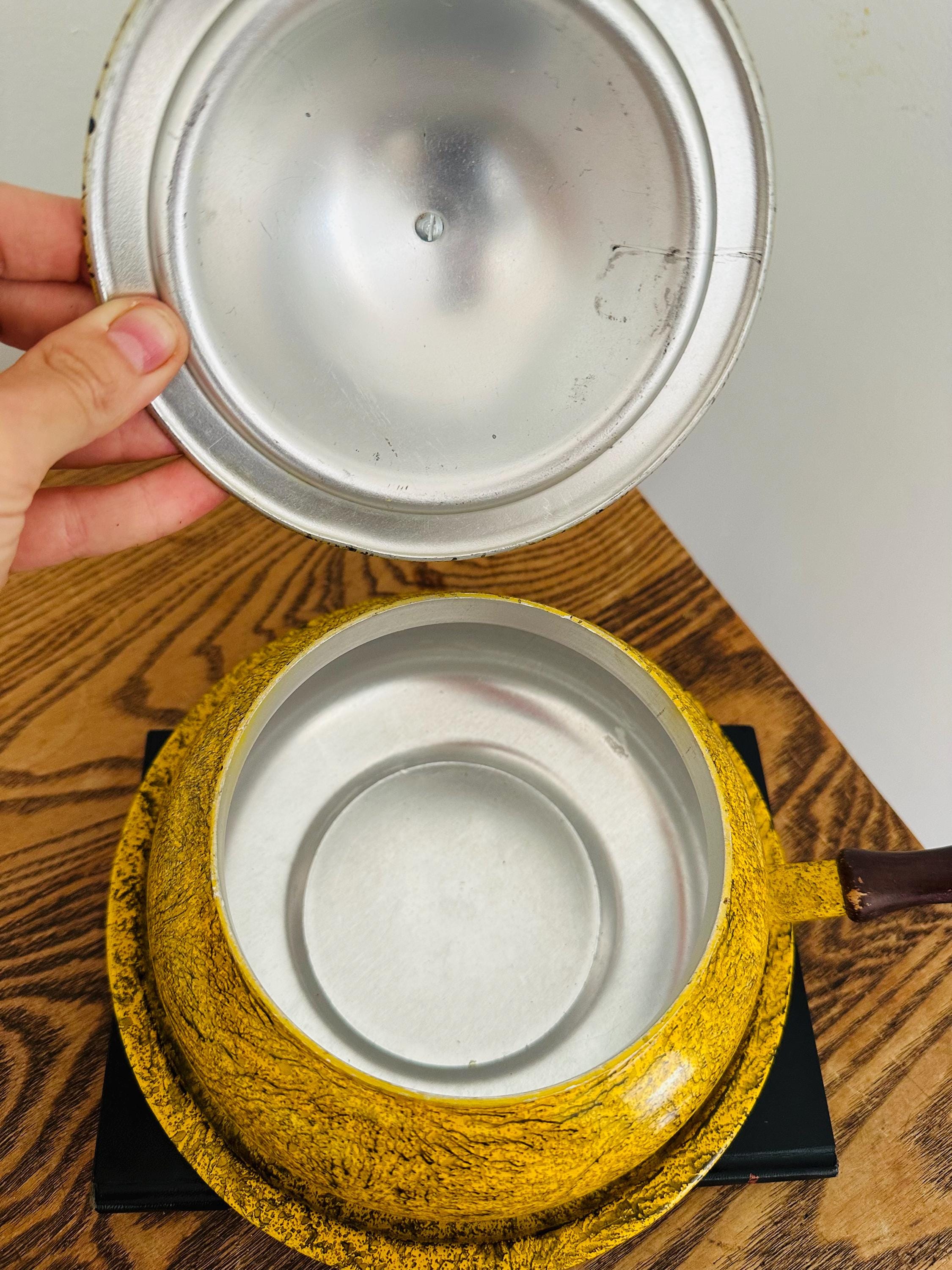 Vintage Yellow Metal Pot and Plate Cooking Retro Kitchen