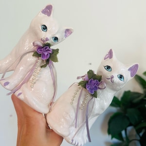 PAIR of Vintage Ceramic Cat Sculpture Figurine White Purple