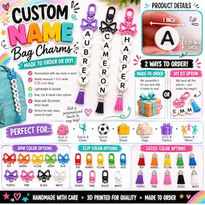 May include: Custom name bag charms with personalized names. The charms feature white letter beads, bow, clip, and tassel options. Beads measure 1 inch wide and 0.25 inch thick. Perfect for bags, gifts, and teams.