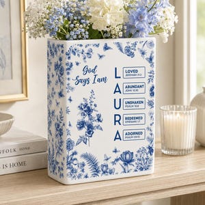 Personalized Christian Name Ceramic Book Vase With Bible Verses, Custom Scripture Gift for Women, God Says I Am Toile De Jouy,Religious Gift