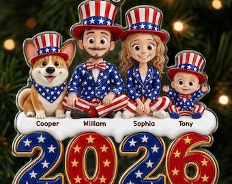 Gepersonaliseerd kerstornament ter ere van het 250-jarig bestaan van Amerika, met een gezin en huisdier, een ornament voor een stel met een huisdier, een gezin van 3, 4 of 5 personen, en een kerstornament voor het hele gezin in 2026.