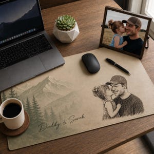 Può includere: Un'impostazione da scrivania con un laptop, un mouse e una foto incorniciata di un padre e un bambino. È presente anche un tappetino da scrivania personalizzato con un paesaggio montano e il testo "Daddy & Sarah". Una tazza di caffè e una pianta succulenta in un vaso geometrico completano la scena.
