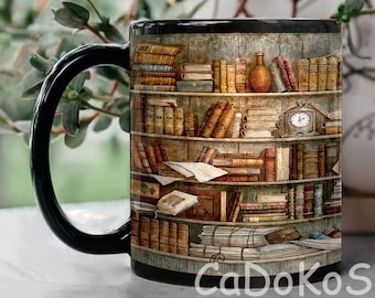 Boekenplank kunst mok, bibliothecaris mok, cadeau voor bibliothecaris, boekenliefhebber cadeau, boekennerd cadeau, boekenplank koffiemok, bibliofiel cadeau, boekenwurm cadeau